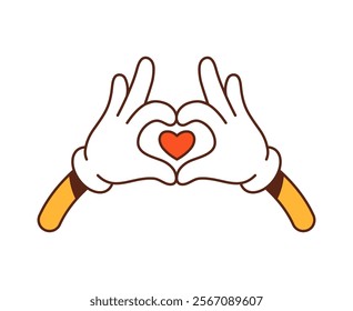 Cartoon groovy hands forming a heart shape with red heart symbol for Valentines Day or love messages. Isolated vector playful hands gesture symbolizing love, affection and passion with y2k retro vibe