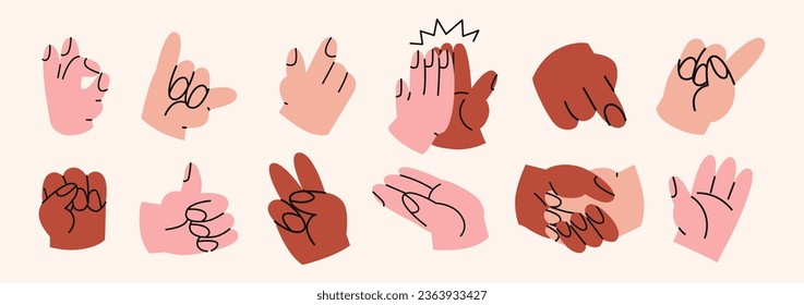 Cartoon groovy hands in various gestures. Set of hand signs and symbols. Stickers in retro style. Vector groovy illustration	