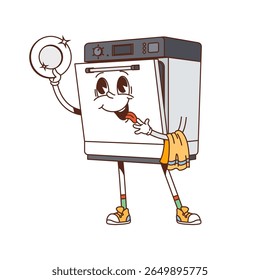 Desenho animado groovy mobiliário retro de máquina de lavar louça feliz e personagem interior com grandes olhos, língua para fora, tênis, segurando um prato brilhante e uma toalha. Vetor funky vintage y2k equipamento de cozinha personagem