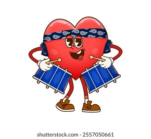 Cartoon groovy heart character playing on drums, vector comic emoji. Valentine day, love and wedding groovy cute heart character with happy smile on face in hippie bandana playing music on drums