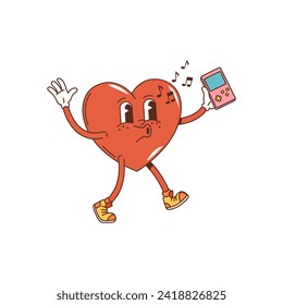 Cartoon groovy heart character, whistling melody with happy face, vector hippie art or hipster style. Groovy heart walking with retro player and singing song for oldschool art or t-shirt print