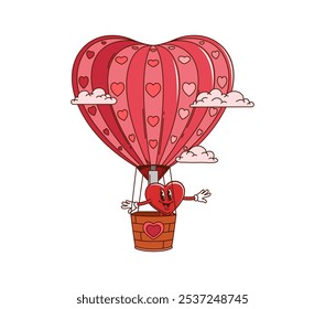 Cartoon groovy heart in an hot air balloon, soaring through the sky with love. Isolated vector Valentines Day personage exudes romantic vibe, affection for festive occasions and heartfelt messages