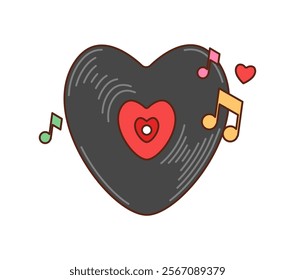 Cartoon groovy groovy heart shaped vinyl disk with musical notes and heart symbols for Valentines Day celebration. Vector disk captures essence of love, romance and retro music with funky y2k vibe