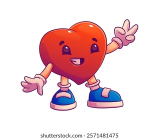 Cartoon groovy heart Valentines day love character with a bright smile and expressive eyes flashing peace gesture. Isolated vector cute and playful retro personage captures upbeat and happy y2k vibe