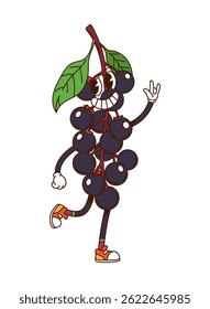 Cartoon groovy hippie bird cherry berry character. Isolated vector ripe fruit, healthy retro food personage with green leaves on top, large eyes, sneakers, wide smile and cheerful facial expression