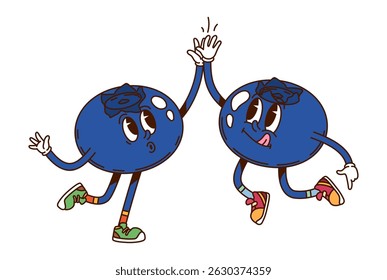 Cartoon groovy hippie blueberry berry fruit characters giving high five. Isolated vector cheerful bilberry retro personages wears vintage sneakers, showcasing funky vibes and exuding a sense of summer