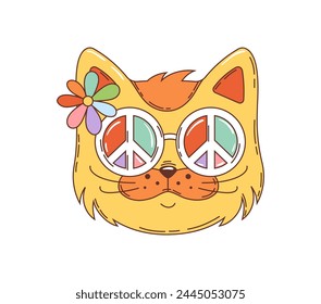 Cartoon groovy hippie cat character. Isolated vector retro kitten pet head in sunglasses with peace symbols and flower with colorful petals, exuding cool, laid-back vibe with a groove, funky smile