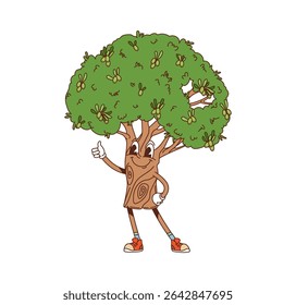 Cartoon groovy hippie planta de oliveira personagem com cara engraçada, personagem vetorial. Oliveira Groovy com sorriso louco bobo e gesto polegar para cima como hipster freaky ou emoji floresta psicodélica