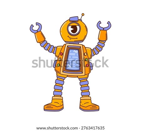 Cartoon groovy hippie robot cyclops character in retro y2k mood. Cute funny vector droid personage with smile face, antenna, claw arm and control panel exudes nostalgic 60s 70s old school playful vibe