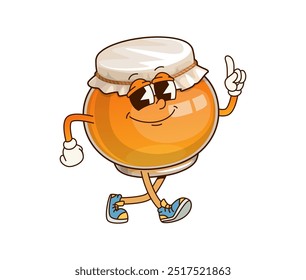 Cartoon groovy honey jar thanksgiving character wearing sneakers and lid cap with smiling expression. Isolated vector cheerful sweet food personage exudes fun and happiness of traditional celebration