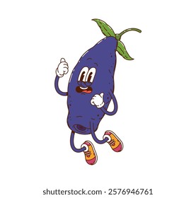 Cartoon groovy honeyberry character happily jumping. Isolated vector honeysuckle berry retro funky personage with friendly smile exuding sense of summer and hippie y2k vibe ready for juicy adventures