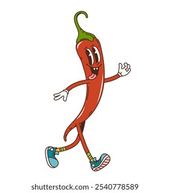 Caricatura groovy chili picante carácter vegetal, Vector retro funky cómic. Groovy chile rojo divertido con cara tonta y lengua fuera caminando con una sonrisa rara para el carácter de emoji de comida vegetal