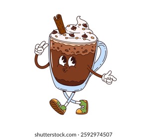 Cartoon groovy hot chocolate dessert character. Isolated vector transparent glass mug or cup retro personage happily singing or whistling, topped with a whipped cream, and wearing hippie y2k sneakers