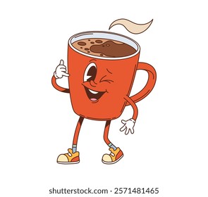 Cartoon groovy hot coffee drink mug character. Cafe hot chocolate or cacao cartoon isolated vector funny personage. Breakfast coffee drink ceramic cup winking groovy character showing call me sign