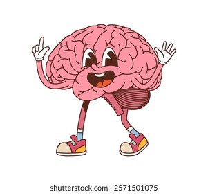 Cartoon groovy human brain character. Vector happy anatomy medicine and human body retro personage with cheerful expression, embodies creativity, intelligence, and positive energy, intellect and idea