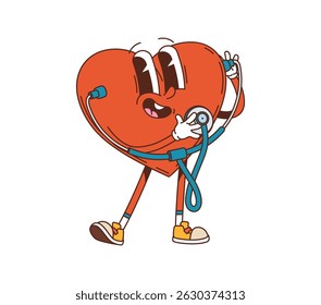 Cartoon groovy human heart body organ medicine character using a stethoscope to check its own heartbeat. Vector happy and healthy anatomical cardiovascular system personage with cute smiling face