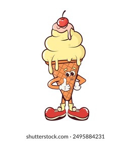 Cartoon groovy ice cream character. The mascot for the cafe.Vector illustration isolated on a white background.