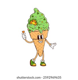 Cartoon groovy ice cream cone character, saint Patrick day dessert food with finger heart gesture. Irish funky green icecream holiday retro personage. Vector wafer cup with soft, sweet melting swirl