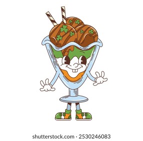 Personaje de postre de helado de helado de dibujos animados, personaje dulce del día de San Patricio. Taza de cristal retro de Vector aislada con helado de chocolate suave y chispas de trébol para la celebración de vacaciones irlandesas