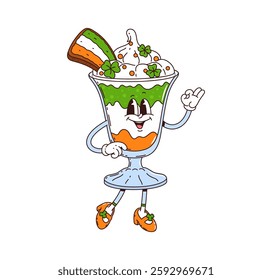 Cartoon groovy ice cream sundae dessert character, saint Patrick day sweet food personage celebrates Irish holiday. Vector retro glass cup with Ireland flag layers, rainbow and clover sprinkles on top