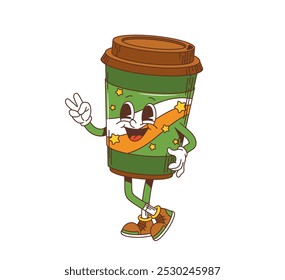 Cartoon groovy Irish coffee character, saint Patrick day holiday retro personage. Isolated vector green disposable cup with Irish flag and stars pattern, happy face, peace gesture and funky 60s vibes