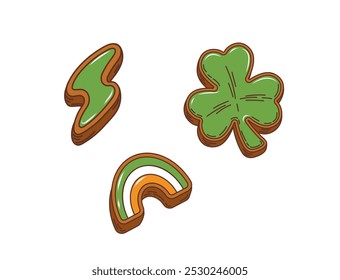 Biscoitos irlandeses groovy dos desenhos animados, shamrock ou trevo do dia de São Patrício, flash relâmpago e sobremesa de pastelaria de férias arco-íris. Isolado vetor doce delicioso Irlanda trata com esmalte ou cobertura e biscoito