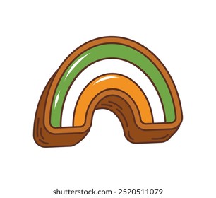 Cartoon groovy Irish rainbow cookie, saint Patrick day holiday pastry dessert. Isolated vector sweet delightful traditional Ireland treat with colorful green, white and orange stripes and sweet glaze