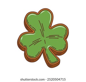 Galleta irlandesa groovy del trébol de la historieta, postre del día de San Patricio del trébol del día de fiesta. Aislado Vector dulce delicioso Irlanda en forma de hoja de trébol con glaseado verde o glaseado y galleta