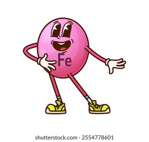 Cartoon groovy iron vitamin and micronutrient character. Isolated vector Fe molecule with a cheerful, friendly expression, round pink body, expressive eyes and open smile, posed in welcoming stance