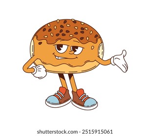 Cartoon groovy japanese anpan bun character showing welcoming gesture. Isolated vector delicious japan red bean bread personage with retro sneakers and laid-back attitude inviting to visit Asian cafe