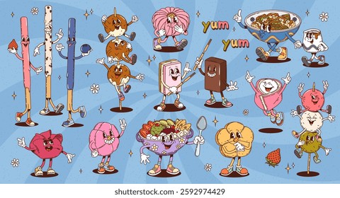 Cartoon groovy japanese cuisine dessert food characters. Retro psychedelic asian wagashi sweets vector personages. Groovy mochi cakes, biscuit sticks and matcha jelly, rice dumpling dango, yokan candy