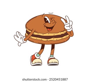 Cartoon groovy Japanese dorayaki dessert character showing peace sign and winking an eye. Isolated vector funny and cheerful pastry kids menu personage. Playful and happy Japan treat with hippie vibe