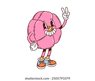Cartoon groovy japanese namagashi dessert character. Vibrant pink pastry with a cheerful smile, expressive face and peace sign, embodying the lively and essence of traditional japanese sweets