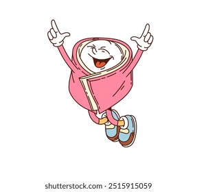 Cartoon groovy japanese namagashi dessert character cheerfully jumping. Vector charming pink confection personage. Funny and happy traditional japan sweets rejoice with playful smile and closed eyes