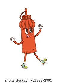 Cartoon groovy ketchup squeeze sauce bottle character walking with smiling tongue out and waving hands. Vector retro food container with fun and nostalgic funky y2k vibe culinary and kitchen personage