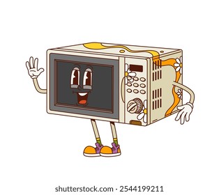 Cartoon groovy cozinha micro-ondas personagem com cara engraçada, emoji vetor cômico. Forno de micro-ondas Groovy com sorriso funky e gesto Hi Hello para personagem de aparelho de cozinha de cozinha de desenho animado retro