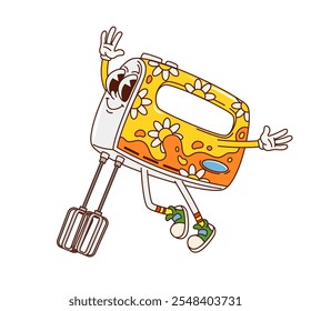 Cartoon groovy kitchen mixer character. Cute retro kitchenware and utensil personage. Isolated vector hand mixer appliance with big smile and floral pattern ready for cooking and mixing on the kitchen