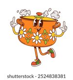 Cartoon groovy kitchen pot character or saucepan casserole, vector retro comic. Groovy funky kitchenware utensil of character saucepan or cooking pot with happy smile on face for kitchen cooking emoji