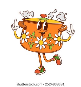 Caricatura de la olla de cocina groovy o cacerola de cacerola, Vector de cómic retro. Utensilio de cocina funky groovy de la cacerola del carácter o de la olla de cocina con la sonrisa feliz en la cara para el emoji de la cocina