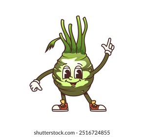 Caricatura groovy kohlrabi col vegetal personaje con una expresión alegre y ojos grandes y amigables Vector de verduras maduras con hojas verdes. Divertido y peculiar alimento vitamínico saludable personaje retro