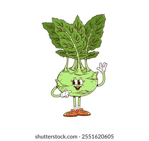 Cartoon groovy kohlrabi cabbage vegetable character. Isolated vector fun quirky healthy vitamin food. Ripe veggie retro personage with cheerful face, green leaves and sneakers, striking playful pose