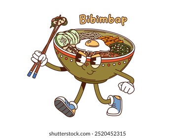 Cartoon groovy Korean bibimbap character with a confident expression, holding chopsticks with a piece of food. Vector traditional Korean meal bowl with ingredients such as an egg, vegetables and meat