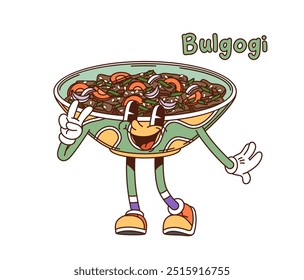 Cartoon groovy Korean bulgogi character. Isolated vector bowl, joyful food personage is happily giving a peace sign with a cheerful expression, promotes Asian restaurant menu and Korean cuisine