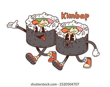 Cartoon groovy caracteres kimbap coreanos. Dois vetor alegre gimbap prato, sushi roll personagens em estilo retrô, um com sua língua para fora e o outro com um olhar surpreso, brincando andando juntos