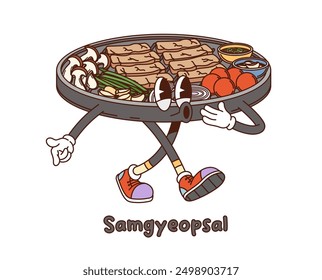 Cartoon groovy Korean samgyeopsal character. Vector popular korean barbecue dish personage featuring a sizzling grill with pork belly slices, mushrooms, garlic, green onions, and various side dishes