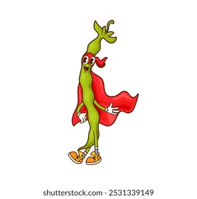 Cartoon groovy legume ou pod de feijão personagem vestido como um super-herói com uma capa vermelha e máscara, exala confiança e energia, atingindo uma pose heroica. Vetor divertido, vegetal saudável e nutrição personagem