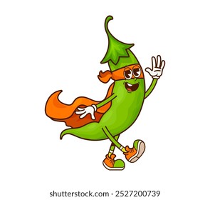 Cartoon groovy legume ou vagem de ervilha verde super-herói personagem com expressão determinada, usa capa e máscara laranja, luta contra o mal com força sobre-humana, alimentado por uma dieta de feijões nutritivos e nozes