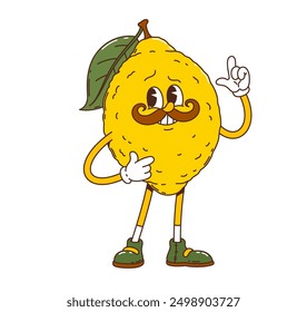 Cartoon groovy lemon citrus fruit character with a large mustache and a pointing gesture, sporting green shoes and standing confidently. Isolated vector fruit embodies energetic tropical citrusy vibes