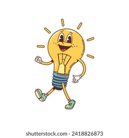 Cartoon groovy light bulb character with happy face, vector comic funky or hippie art. Funny smiling groovy lamp in hipster style walking in sneakers for kids personage and retro t-shirt print