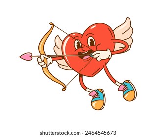 Cartoon groovy love cherub Cupid heart character shooting arrow with bow. Retro Amur angel vector personage hunting lonely hearts. Hippy psychedelic emoticon of romantic love or Valentines Day holiday